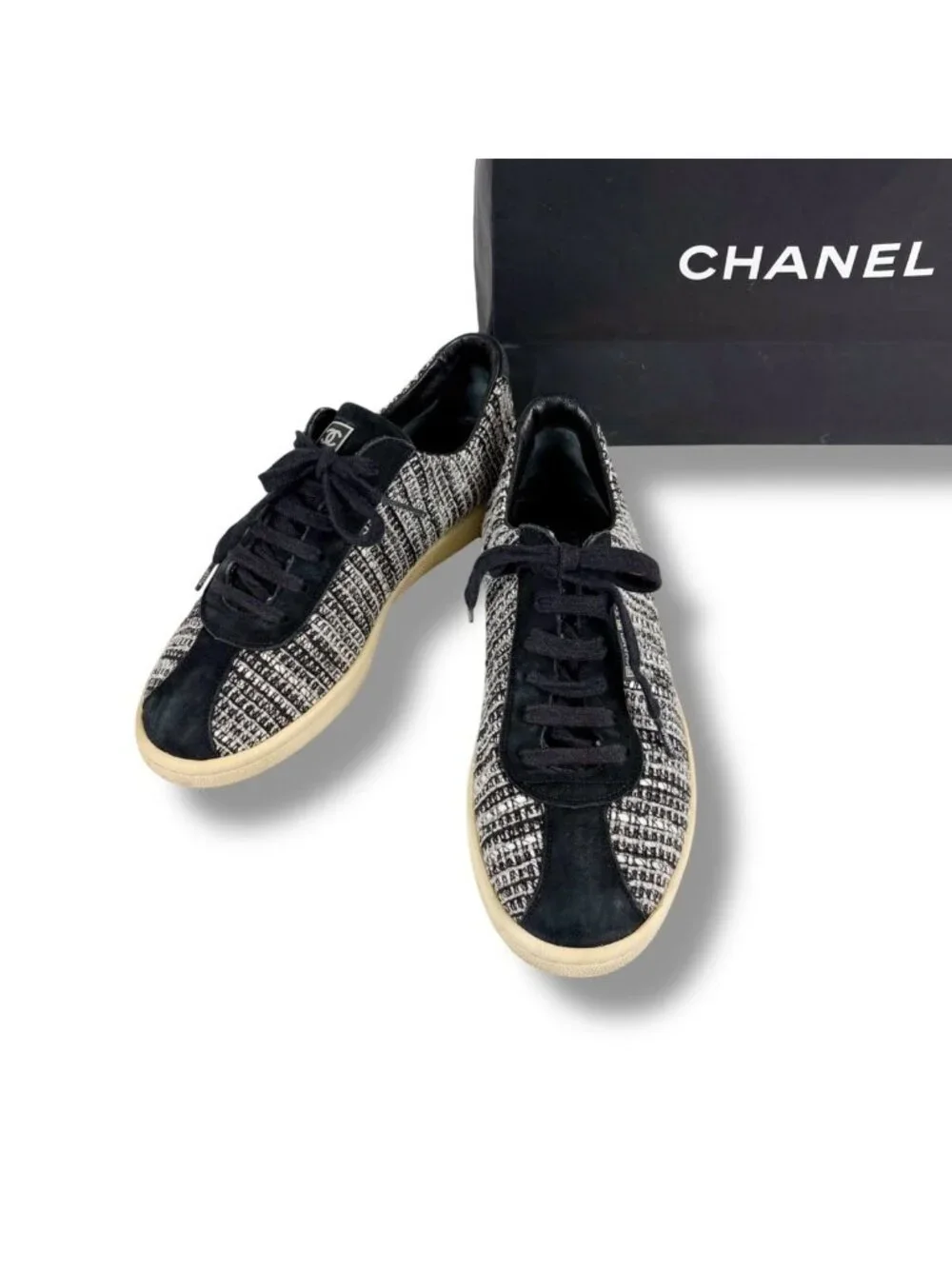 Chanel Tweed Low Cut Sneakers Black CC Logo 39